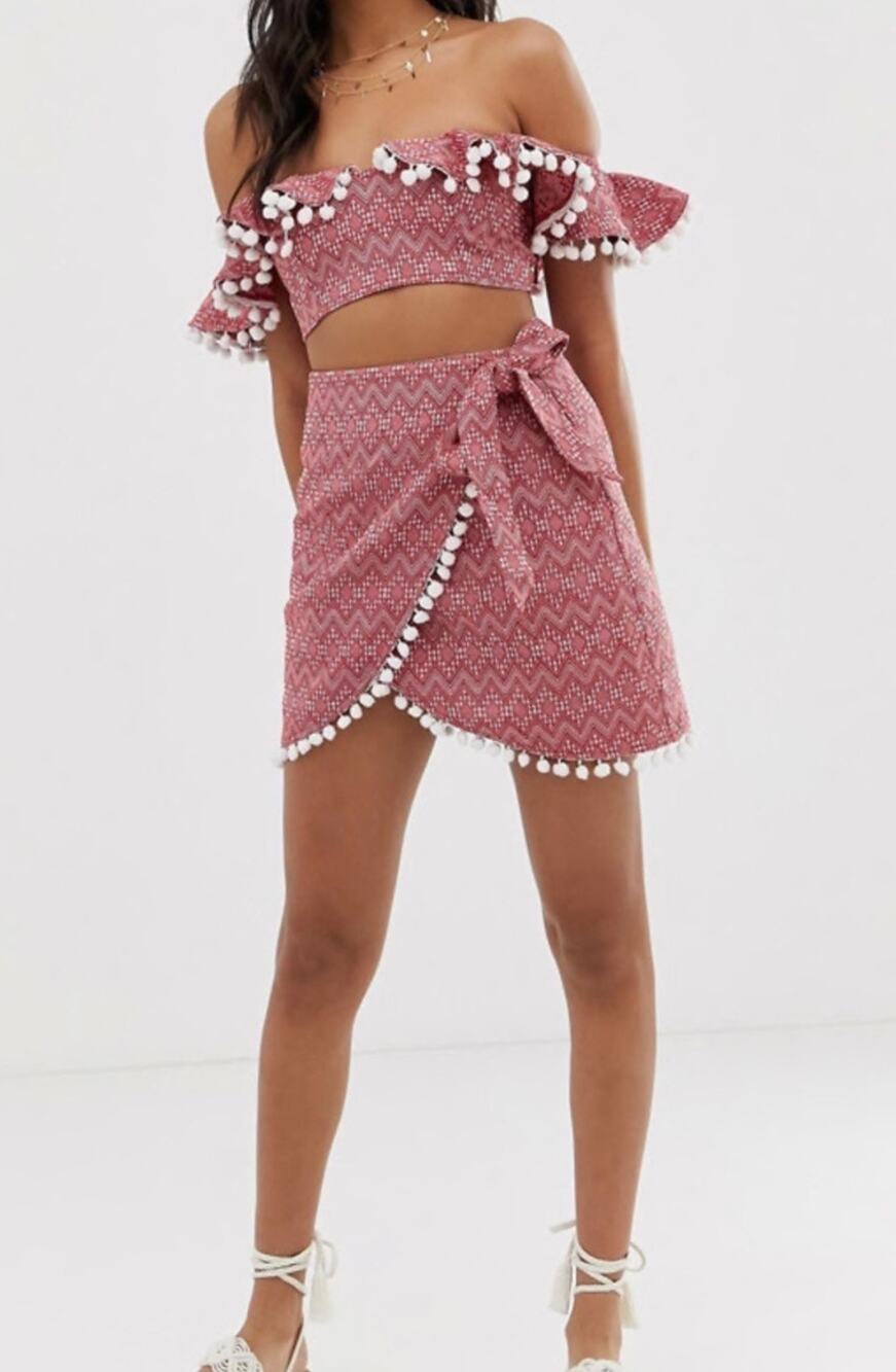 Asos Design Swim Red Jacquard Pom Pom Frill Beach Co-Ord Top & Skirt Set Size 6